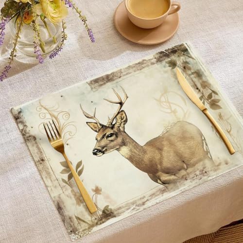 Platzsets Abwaschbar, 2er Set45 x 30 cm Platzset aus Baumwolle Leinen, Placemat mit Retro-Tiere, Küche Tisch Dekoration Drinnen Hirsch Blumen Tischunterlage Urlaub Party von UOMSKTY