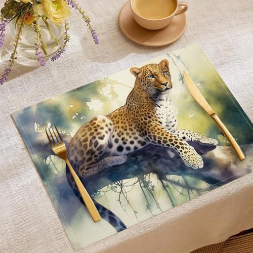 Tischset Baumwolle Leinen Platzdeckchen Stoff 2er Set, Zweige Tiere Tischsets Abwaschbar, Aquarell Leopard Tischsets Platzsets für Tisch, 45 x 30 cm Tischunterlage Esstisch von UOMSKTY