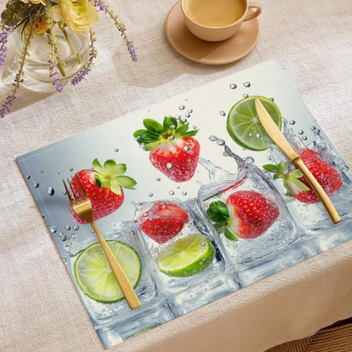 Tischsets platzsets Stoff, Eiswürfel Wassertropfen Platzsets Tischset 6er Set, 45 x 30 cm Urlaub Bankett Tischsets, Erdbeere Waschbar Platzdeckchen Küche Party Deko von UOMSKTY