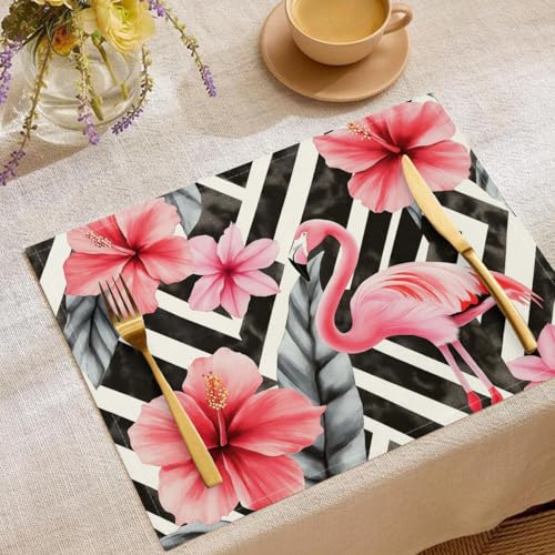 Weiß Tischsets 30x45 Satz von 6,Roter Flamingo Waschbare Stoff Platzset für Esszimmer Terrasse Tisch Küche, Aquarell Hibiskus Blumen Thema rutschfeste Tischsets Tischdekorations von UOMSKTY