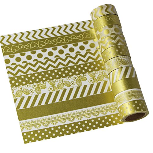 UOOOM 10 Rolls Beautiful Washi Tape Masking Tape deko klebeband buntes Klebebänder DIY scrapbook deko (gold) von UOOOM