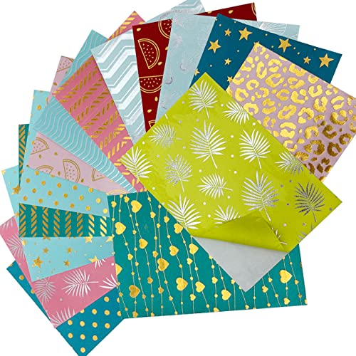 UOOOM 12Stk Selbstklebend Stoff Aufkleber 21x14,3cm, Patchwork Bastelstoff Glitter Gold Silber Foliendruck Muster Deko Satin Stoff für DIY Figuren u. Formen Zuschneiden Scrapbooking (Zufällige Farbe) von UOOOM