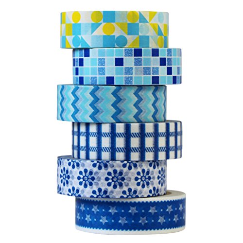 UOOOM 6 Rolls Washi Tape Set 10m x 15mm schön Muster Masking Tape deko Klebeband bunte Klebebänder DIY scrapbook Handwerk Geschenk (Blau) von UOOOM