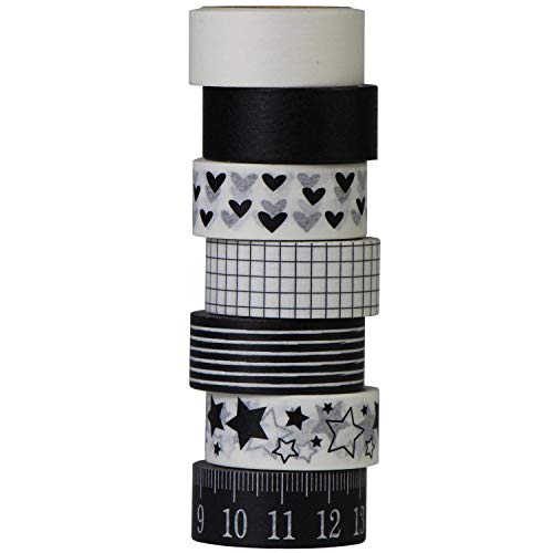 UOOOM 7 Rolls Washi Tape Set Schwarz Weiß Klebebänder Liebesmuster - Pentagramm-Muster - Lineal Muster Masking Tape deko Klebeband DIY Scrapbook deko (Schwarz Weiß) von UOOOM