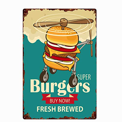 UOOPAI Metall-Blechschild mit Aufschrift "Super Burgers Fresh Brewed", Vintage-Teller, Wanddekoration von UOOPAI