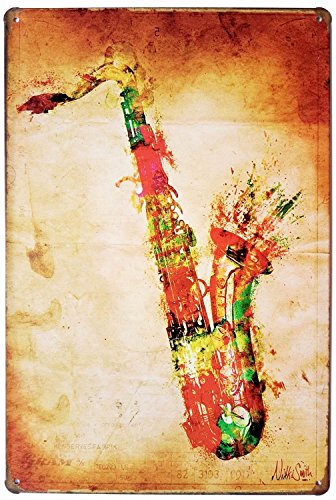 UOOPAI Metall-Blechschild mit Musiksaxophon, Retro-Vintage-Poster, Wanddekoration, 20,3 x 30,5 cm von UOOPAI