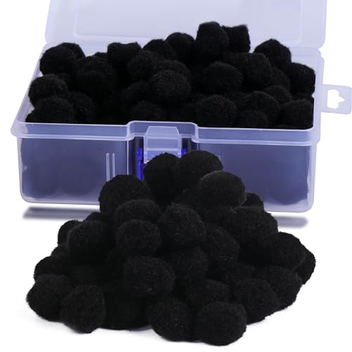 UOOU 100 Stück schwarze Pompons, 2,5 cm, einfarbig, Bastel-Pompons, Großpackung mit Aufbewahrungsbox, kleine Pompon-Set für Handwerk, Kunst und Handwerk, Pompom-Bälle für DIY, Kunst, kreative von UOOU