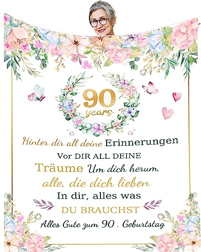 UOOYAA 90 Geburtstag Frau Geschenk Flanell Kuscheldecke Geschenke für Mama Oma Geschenk Geburtstagsgeschenk für Frauen，Decke für Couch Bett,TV-Decke Geburtstag,Weihnachten von UOOYAA