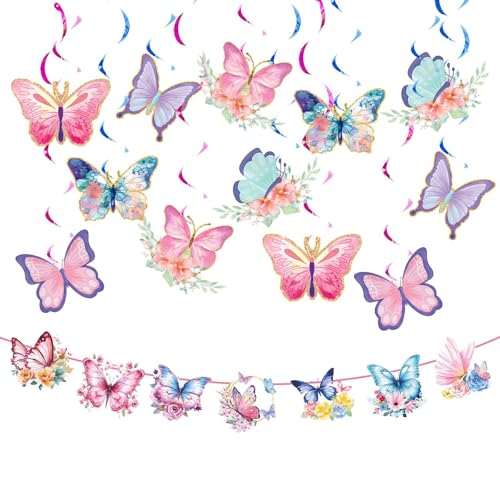 UOPJDD 12 Stücke Schmetterling Spiralanhänger Und 1 Stück Schmetterlingszahlen, Geburtstagsfeierdekorationen, Party -Szenenarrangement. von UOPJDD