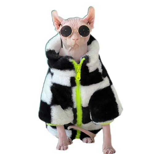 UOSIA Haarlose Katze Schwarz-Weiß-Karierte Fleecejacke und Sonnenbrille Set Dicke Rollkragen-Sphynx-Katzenjacke mit Reißverschluss Modische Katzenkleidung UOSIA Haarlose Katze Schwarz-Weiß-Karierte Fleecejacke und Sonnenbrille Set Dicke Rollkragen-Sphynx-Katzenjacke mit Reißverschluss Modische Katzenkleidung von UOSIA