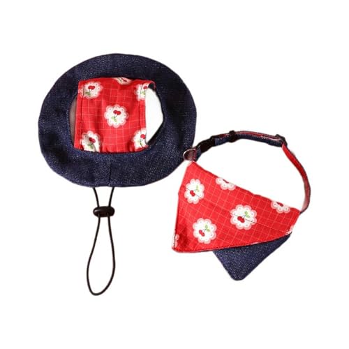 UOSIA Mode Hund Denim Hut Dreieck Schal Set Kleine Welpen Bow Tie Holiday Party Dekoration Verstellbare Haustier Kirsche Muster Fischer Hut Set von UOSIA