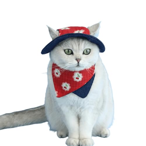 UOSIA Mode Hund Denim Hut Dreieck Schal Set Kleine Welpen Bow Tie Holiday Party Dekoration Verstellbare Haustier Kirsche Muster Fischer Hut Set von UOSIA