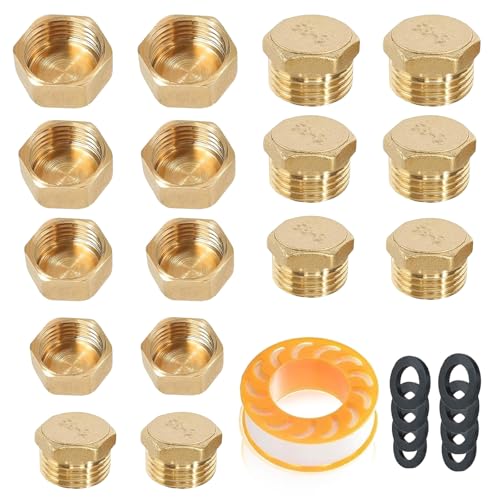 16 Stück Blindstopfen Set, Blindstopfen Wasserleitung 1/8 1/4 1/2 3/8 Zoll Messing Stopfen Kappe Sechskant Verschlusskappe mit Dichtung Fugenband für Wasserrohre Wasserhah von UOSIWYA