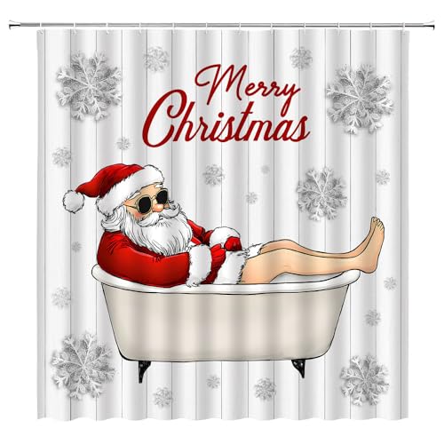 UOZXOML Frohe Weihnachten Duschvorhang, lustiger Weihnachtsmann in der Badewanne, Schneeflocke, Weihnachten, Winterurlaub, rustikaler Holzbrettstoff, Badezimmer-Dekor-Vorhänge mit Haken, 70 x 70 cm UOZXOML Frohe Weihnachten Duschvorhang, lustiger Weihnachtsmann in der Badewanne, Schneeflocke, Weihnachten, Winterurlaub, rustikaler Holzbrettstoff, Badezimmer-Dekor-Vorhänge mit Haken, 70 x 70 cm von UOZXOML