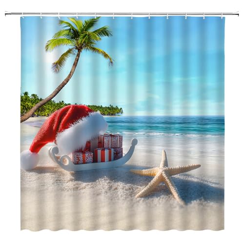 UOZXOML Merry Christmas Duschvorhang, tropischer Ozean, Strand, Seestern, Weihnachtsmannmütze, Palme, Hawaii, Küste, Meer, Stoff, Badezimmer-Dekor-Vorhänge mit Haken, 70 x 70 cm UOZXOML Merry Christmas Duschvorhang, tropischer Ozean, Strand, Seestern, Weihnachtsmannmütze, Palme, Hawaii, Küste, Meer, Stoff, Badezimmer-Dekor-Vorhänge mit Haken, 70 x 70 cm von UOZXOML