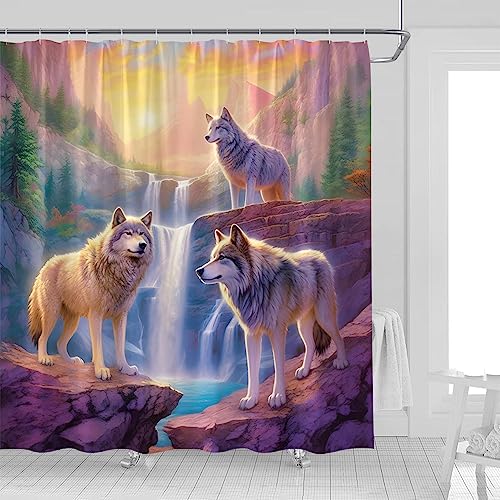 UOZXOML Wolf Duschvorhang Wald Berge Sonnenuntergang Wasserfall Kiefer Wildtiere Stoff Badezimmer Dekor Vorhänge mit Haken, 70 x 70 cm UOZXOML Wolf Duschvorhang Wald Berge Sonnenuntergang Wasserfall Kiefer Wildtiere Stoff Badezimmer Dekor Vorhänge mit Haken, 70 x 70 cm von UOZXOML