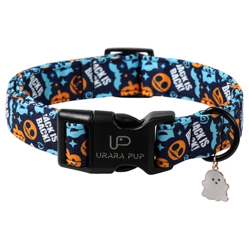 UP URARA PUP Halloween-Hundehalsband, "Jack is Back", Geister- und Kürbis-Hundehalsband, dunkelblau, gruseliges Hundehalsband, verstellbare Kürbis- und Skelett-Druck-Halsbänder für Halloween-Hunde von UP URARA PUP