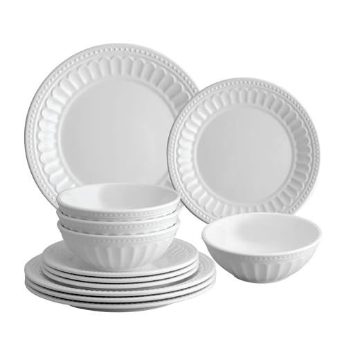 UP ware 12-teiliges Chateau Melamin-Geschirrset, Outdoor-Geschirr-Set, Teller und Schüsseln, Service für 4 Personen, Weiß von UP