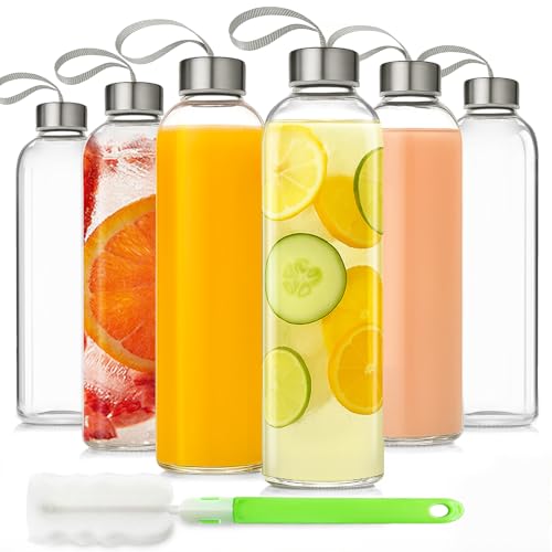 UPBUD 12er Set 530ml Glas Saftflaschen mit Deckel und Trageschlaufe Wiederverwendbare Glasflaschen BPA-frei Auslaufsicher Weite Öffnung für Smoothies Tee Kaffee Kaltgetränke Kühlschrankgeeignet von UPBUD