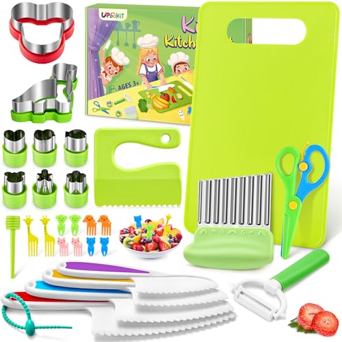 UPDOKIT Kindermesser 28-teiliges Kinder Küchenmesser Set mit Schneidebrett, Wellenschneider zum Kochen oder Schneiden von Obst Brot, Kindermesser ab 3 4 5 6 Jahre, Montessori Spielzeug Messer von UPDOKIT