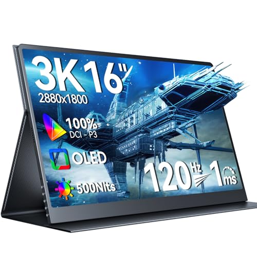 UPERFECT OLED Portable Monitor 3K 120Hz 16 Zoll Gaming Bildschirm 500 Nits |100%DCI-P3 10-Bit | 100000:1 Contrast | 1ms Ansprechzeit, für Laptop PC Phone Game Consoles, Metallgehäuse, VESA-Kompatibel von UPERFECT