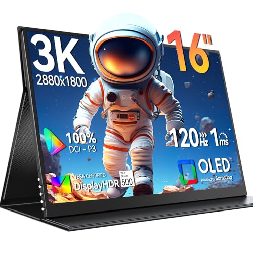 UPERFECT OLED Portable Monitor 16" 3K 2880x1800 120Hz 0.1ms Portable Gaming Bildschirm 500 Nits| 100000:1 Kontrast| 100% DCI-P3| Ultra-Schlanker Reisemonitor für Laptop PC Telefon Spielekonsolen von UPERFECT