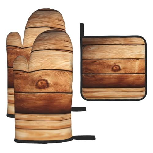 Ofenhandschuhe und Topflappen aus Holz, bedruckt, wasserdicht, hitzebeständig, mit Schlaufe zum Aufhängen, Braun, 3 Stück von UPGENT