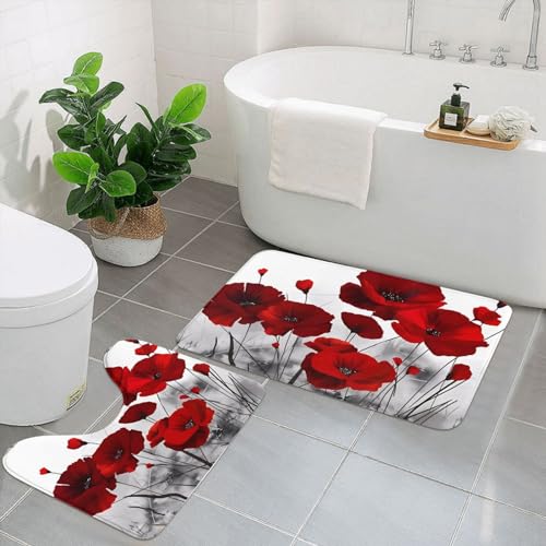 UPIKIT Rutschfeste Fußmatten, Motiv: rote Mohnblumen, 2er-Set, für Badezimmer, Küche, Heimdekoration von UPIKIT