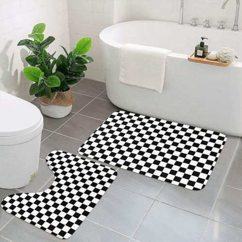 UPIKIT Schwarz-weiß karierte saugfähige rutschfeste Fußmatten Set von zwei für Badezimmer, Küche, Heimdekoration von UPIKIT