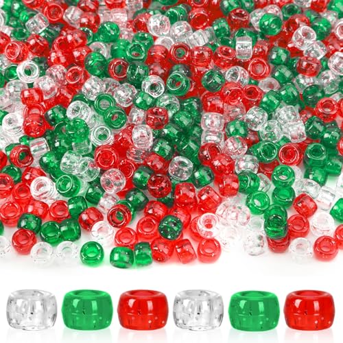 UPINS 1200 Stück Weihnachtsglitzer-Ponyperlen aus transparentem Kunststoff in Rot und Grün für Partydekoration, DIY-Haarperlen (3 Farben) von UPINS