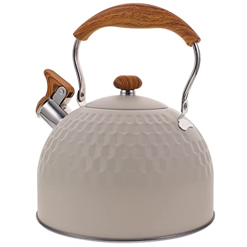 UPKOCH 2.5L Edelstahl Pfeifenkessel Wasserkessel Pfeifkessel Flötenkessel Teekessel Pfeife Wasserkocher mit Holz Pfeifton Griff Induktion Gasherd für Küche Camping Picknick Beige von UPKOCH