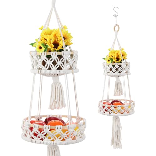 Baumwollseil Obstkorb Hängend, Boho Makramee Hängekorb Für Küche, Wohnzimmer, Hotel, 71X25X25Cm, Wandkörbe Für Dekoration Und Lagerung von UPKOCH