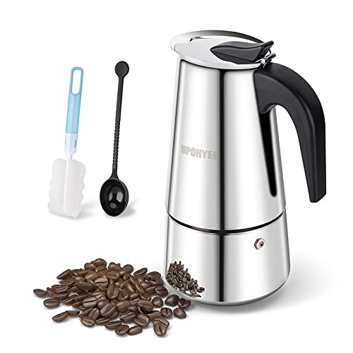 UPOHYEE Espressokocher Induktion Herde Geeignet 10 Tassen 500ml Espressomaschine aus 304+430 Edelstahl, Mokkakanne für Espresso Kaffee Mokka Espressokanne Mit Dosierlöffel und Schwammbürste von UPOHYEE