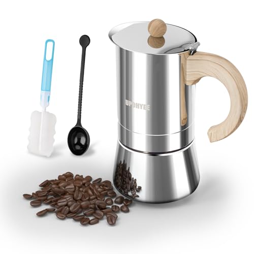 UPOHYEE Espressokocher Induktion Herde Geeignet Holzgrabstraße 6 Tassen 300ml Espressomaschine aus 304+430 Edelstahl, Mokkakanne für Espresso Kaffee Mit Dosierlöffel und Schwammbürste von UPOHYEE