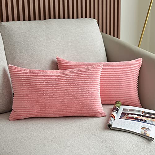 UPOPO 2er Set Kord Kissenbezug Dekorative Einfarbig Kissen Cord-Kissen Kissenhülle Kissenbezüge Dekokissen Zierkissen Sofakissen für Sofa Schlafzimmer Wohnzimmer mit Reißverschlüsse 30 X 50cm Rosa von UPOPO