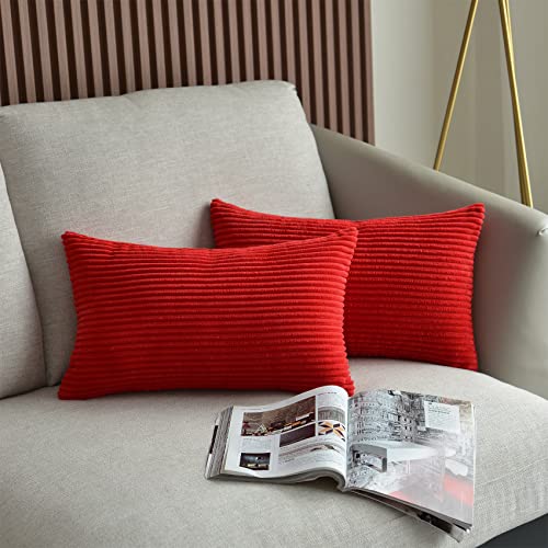 UPOPO 2er Set Kord Kissenbezug Dekorative Einfarbig Kissen Cord-Kissen Kissenhülle Kissenbezüge Dekokissen Zierkissen Sofakissen für Sofa Schlafzimmer Wohnzimmer mit Reißverschlüsse 30 X 50cm Rot von UPOPO