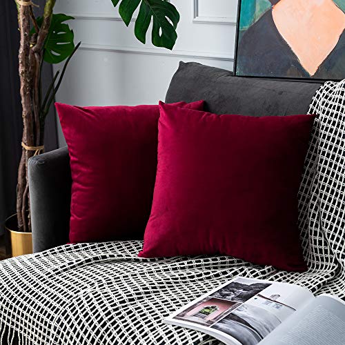 UPOPO 2er Set Samt Kissenbezug Dekorative Einfarbig Kissen Kissenhülle Kissenbezüge Dekokissen Zierkissen Sofakissen für Sofa Couch Schlafzimmer Wohnzimmer mit Reißverschlüsse 55 X 55cm Weinrot von UPOPO