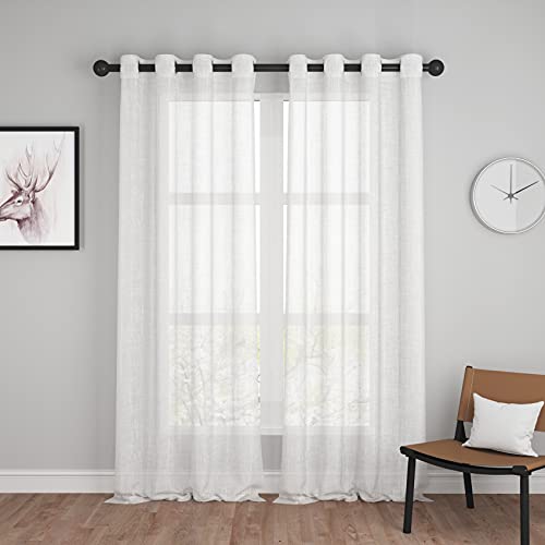 UPOPO Vorhänge Gardinen mit Ösen Voile Leinenstruktur Vorhang Ösenvorhang Ösenschal 2er Set Schal Gardine Sheer Transparent Einfarbig für Wohnzimmer Schlafzimmer Fenster 140X245cm (BxH) Weiß von UPOPO