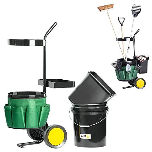 UPP Garten- & Werkzeugtrolley I Transportwagen mit 12 & 20 L Eimer | Gerätehalter und Tasche mit 12 Fächern für Gartenwerkzeug I Gartentrolley mit Rollen I 40 kg belastbar I 100 cm Langer Griff von UPP