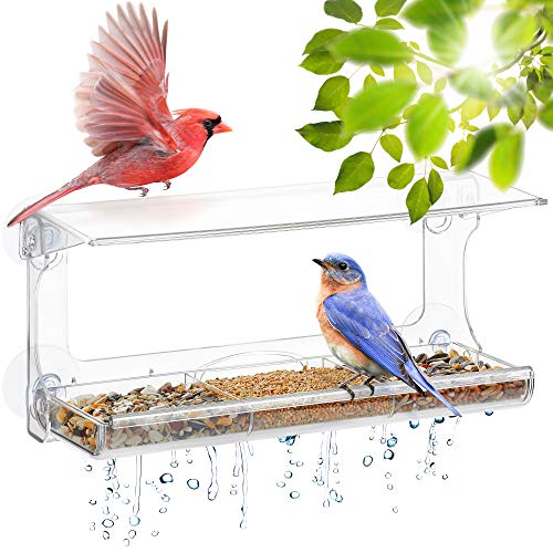 UPP vogelhaus Fenster - groß vogelfutterspender mit 4 extra starken Saugnäpfen,Dach,Ablauflöchern und 3-teiligem,abnehmbarem Tablett | Polycarbonat Kunststoff - Transparent 30 x 10 x 14 cm von UPP