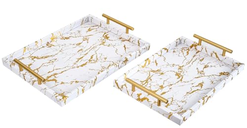 UPPER DECOR Modernes Dekoratives Tablett 2er Set - Weiß und Gold Marmor Holz Serviertablett mit Gold Polierten Metallgriffen für Ottomane, Couchtisch, Badezimmer und mehr von UPPER DECOR