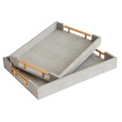 UPPER DECOR Modernes dekoratives Serviertablett, 2er-Set, graues Shagreen-Leder und Holz, rechteckig, Serviertablett mit goldfarbenen polierten Metallgriffen, Ottomane, Couchtisch, Küchentablett UPPER DECOR Modernes dekoratives Serviertablett, 2er-Set, graues Shagreen-Leder und Holz, rechteckig, Serviertablett mit goldfarbenen polierten Metallgriffen, Ottomane, Couchtisch, Küchentablett von UPPER DECOR