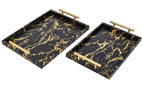 UPPER DECOR Modernes dekoratives Tablett, 2er-Set – Serviertablett aus schwarzem und goldenem Marmorholz mit goldfarbenen polierten Metallgriffen für Ottomane, Couchtisch und mehr von UPPER DECOR