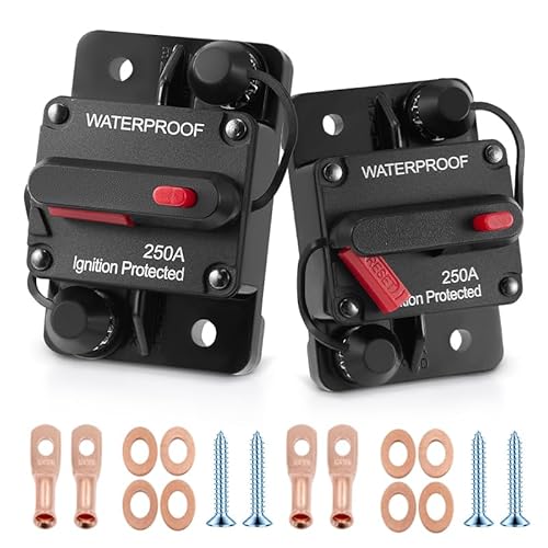 2 Stück 250A Schutzschalter, DC 12-48V IP67 Wasserdichter 250A kfz Automatik Sicherungshalter, Automatische Sicherung Schalter mit Manueller Reset für Auto Boot Marine LKW Stereo von UPROZIL