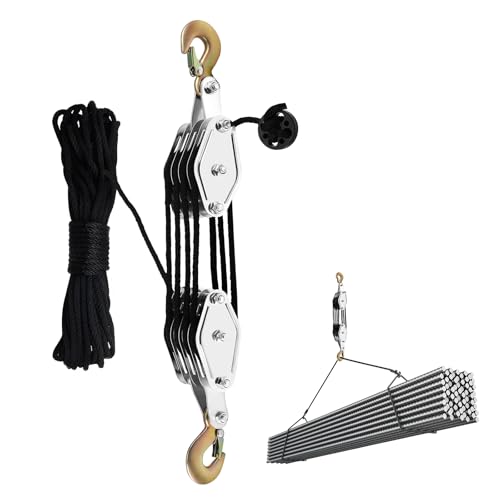 Flaschenzug mit Seilbremse 2000kg Tragkraft, 20m Nylon Seil und 270° Drehbarer Haken für Industrielle Baustellen, Transport Schwerer Lasten, Manueller Hebezug,8-fache Arbeitsersparnis von UPROZIL