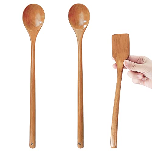 UPTALY 1 x dünner Holzwender für Omelett (27 cm x 4,5 cm), 2 x Rührlöffel mit langem Griff (34 cm x 5 cm), natürliches Massivholz, kleiner Spiegeleierspatel, verlängerter Rührlöffel von UPTALY