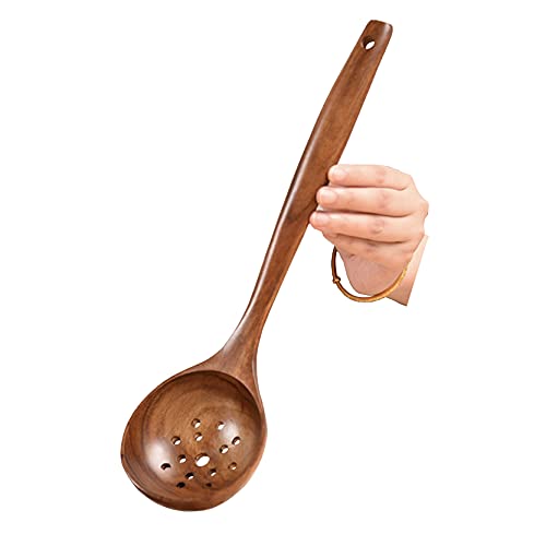 UPTALY Holzsieb mit langem Griff (35cm x 9.5cm), natürliches Teaksieb mit fettem Griff, Holzkelle zum Kochen, Hochleistungs-Kochsieb, Küchenutensilien für Antihaftpfanne von UPTALY