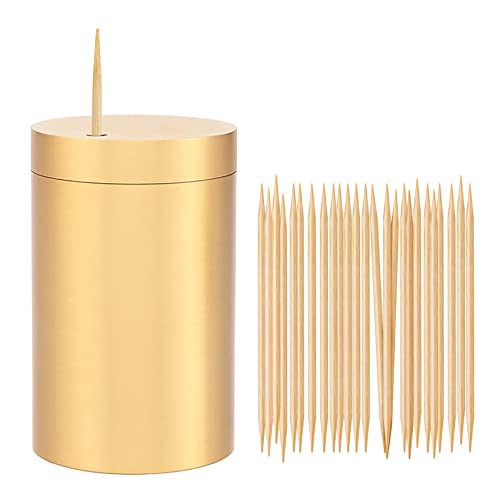 UPTALY Zahnstocherspender aus 100 % Messing (5 cm x 8 cm, zylindrische Form), dicker Zahnstocherbehälter (goldfarben), Aufbewahrungsbox für Zahnstocher, Kupfer-Zahnstocherhalter, 1 Stück von UPTALY