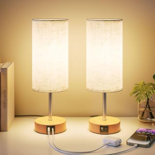 UPXNBOR Nachttischlampe 2er Set mit Ladefunktion über USB-A- und USB-C-Anschlüsse, Nachttischlampe Touch Dimmbar mit 3 Stufen warmem Licht für Schlafzimmer und Wohnzimmer (E27 Glühbirne inklusive) von UPXNBOR