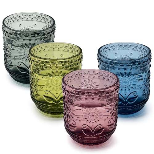 UPZAI 360ml Vintage Wassergläser 4er Set - Bunte Trinkgläser Set aus Glas - Ästhetische Gläser Bunt für Alltag Büro Familienessen Trinkgeschirr (Blumen Set) von UPZAI